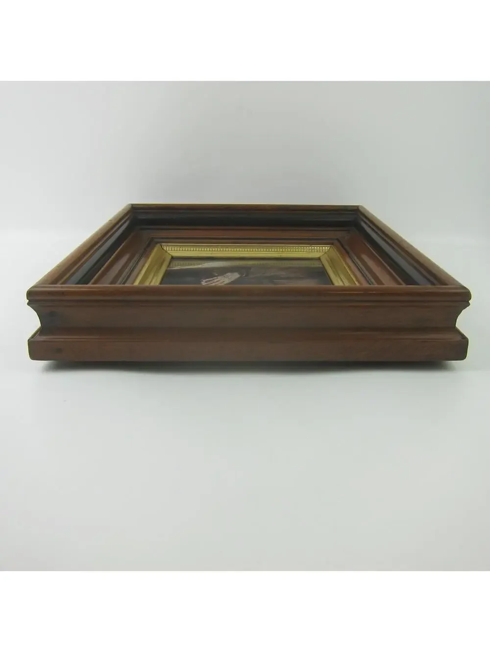Antique Victorian Deep Picture Frame Walnut Wood Gold Gilt Old Man Praying Print